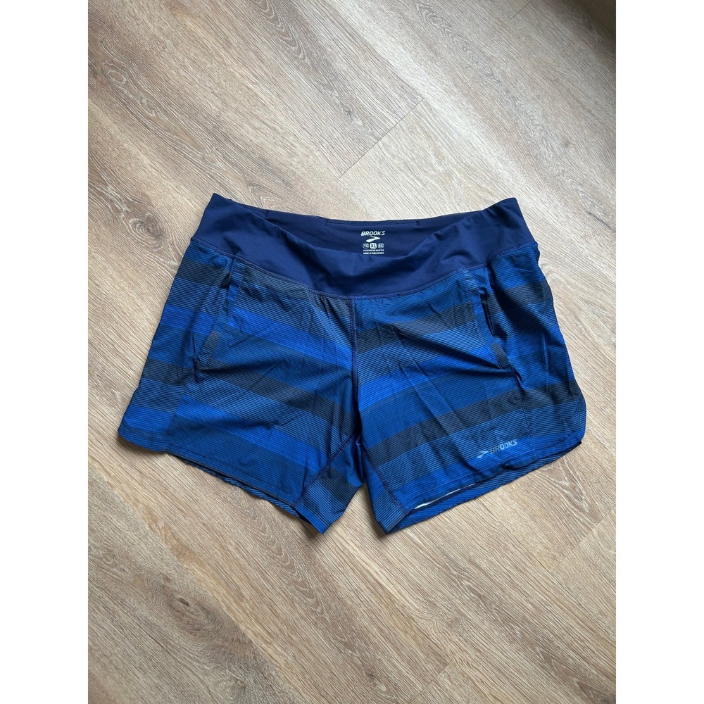 Brooks Womens XL Blue Striped Running Shorts Athletic Lined Activewear Pockets